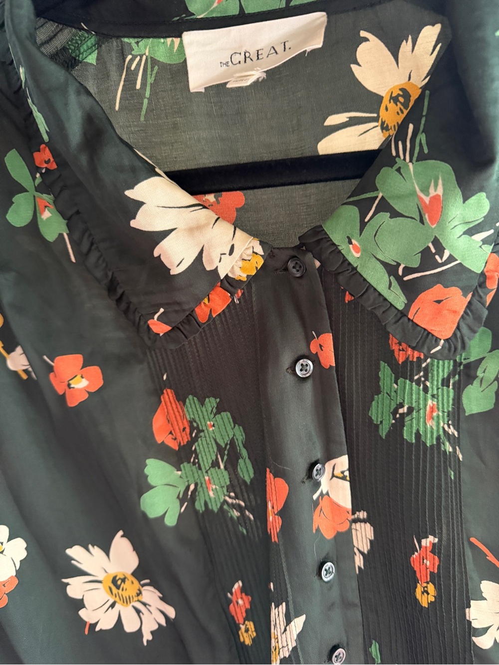 THE GREAT. Dark Green Floral Button-Down Shirt with Cream, Green and Orange Prin - Picture 5 of 5